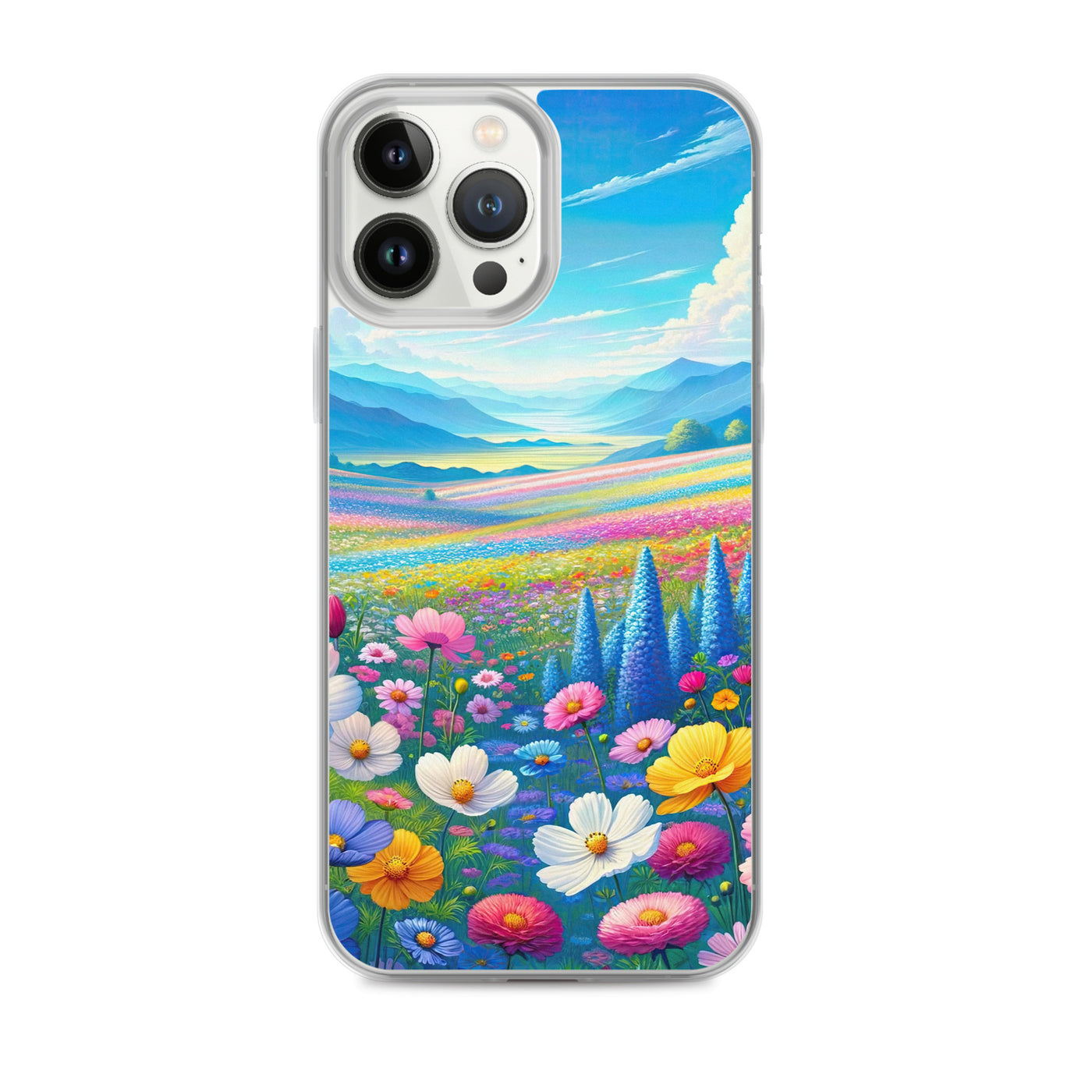 Weitläufiges Blumenfeld unter himmelblauem Himmel, leuchtende Flora - iPhone Schutzhülle (durchsichtig) camping xxx yyy zzz iPhone 13 Pro Max