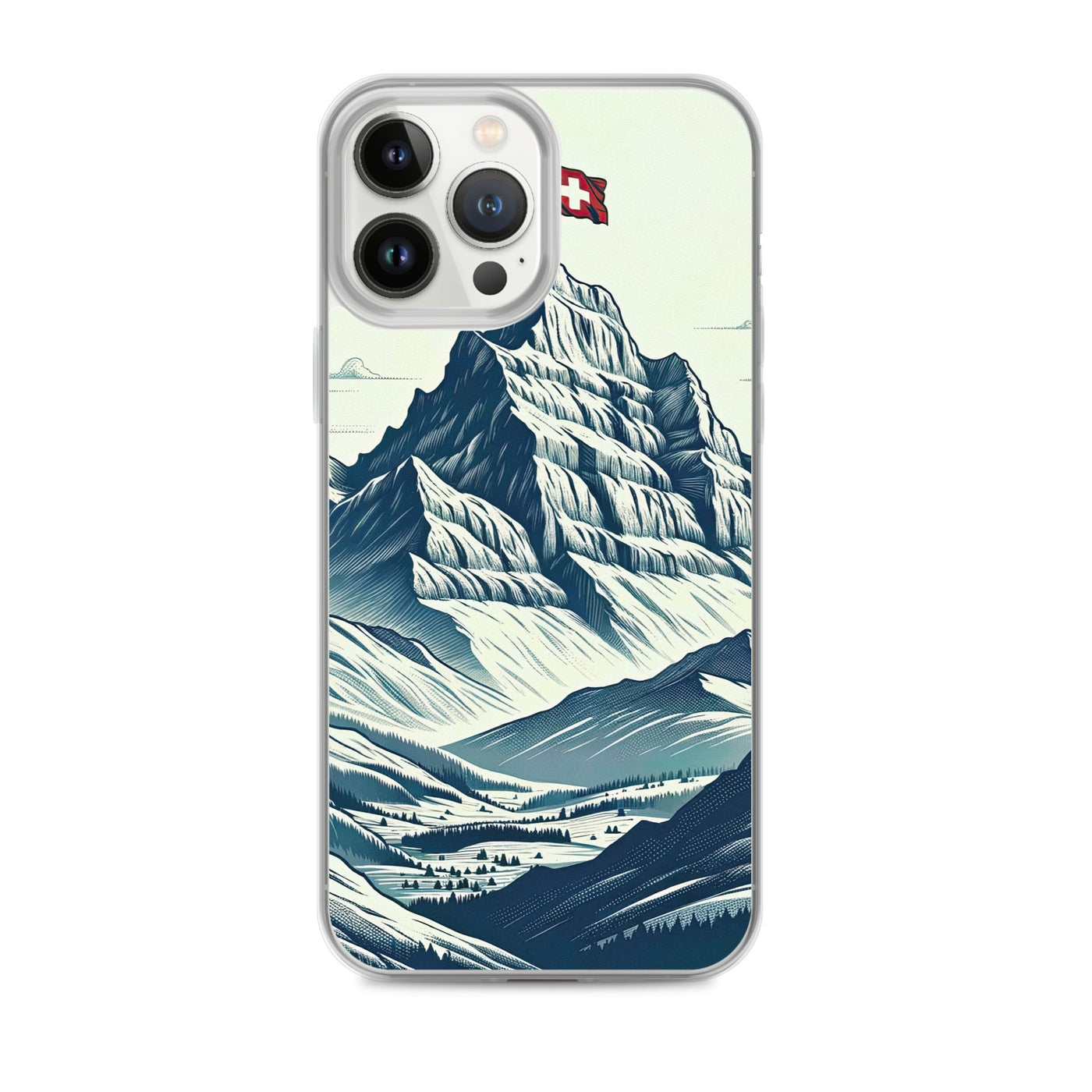 Ausgedehnte Bergkette mit dominierendem Gipfel und wehender Schweizer Flagge - iPhone Schutzhülle (durchsichtig) berge xxx yyy zzz iPhone 13 Pro Max