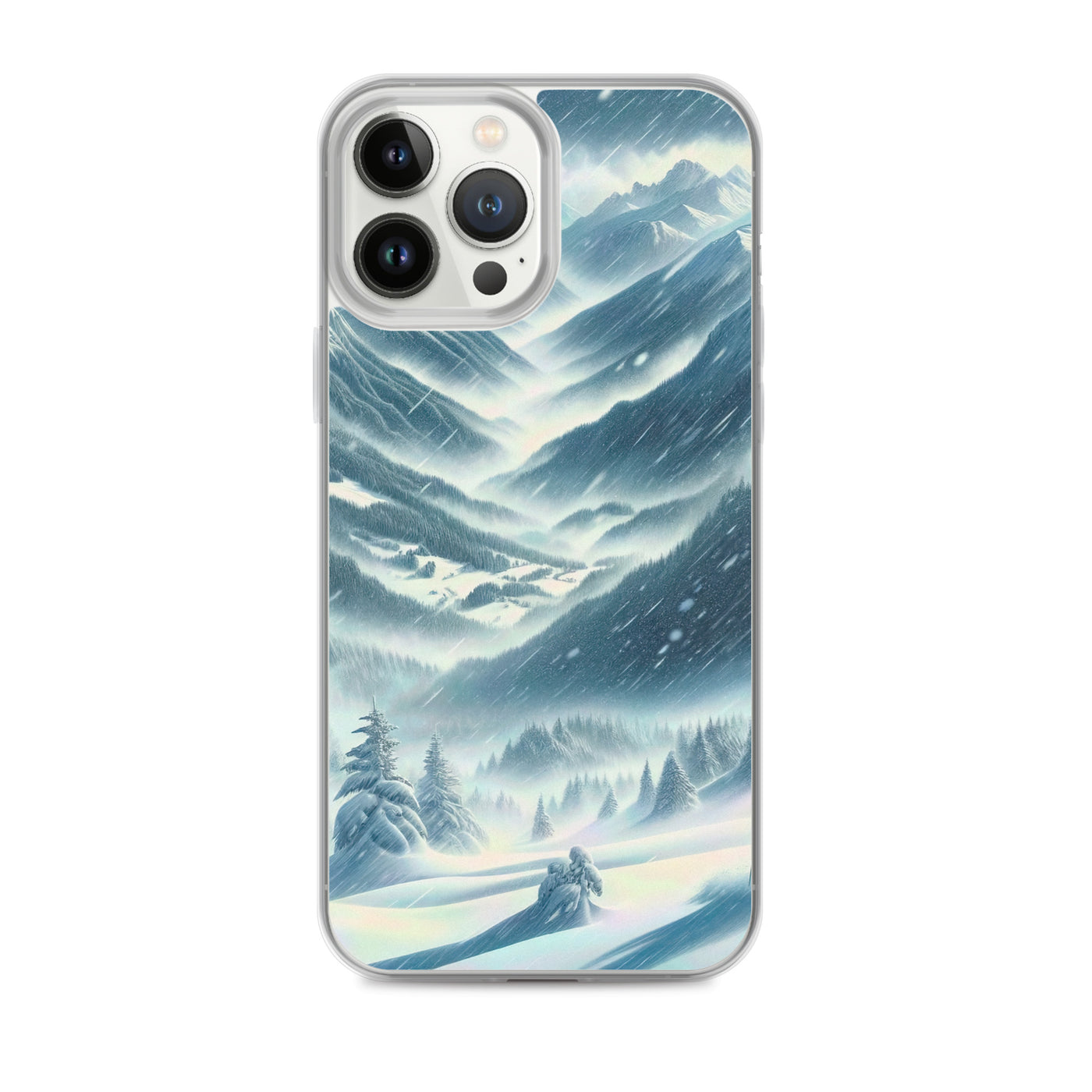 Alpine Wildnis im Wintersturm mit Skifahrer, verschneite Landschaft - iPhone Schutzhülle (durchsichtig) klettern ski xxx yyy zzz iPhone 13 Pro Max
