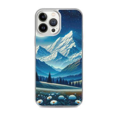 Klare frühlingshafte Alpennacht mit Blumen und Vollmond über Schneegipfeln - iPhone Schutzhülle (durchsichtig) berge xxx yyy zzz iPhone 13 Pro Max