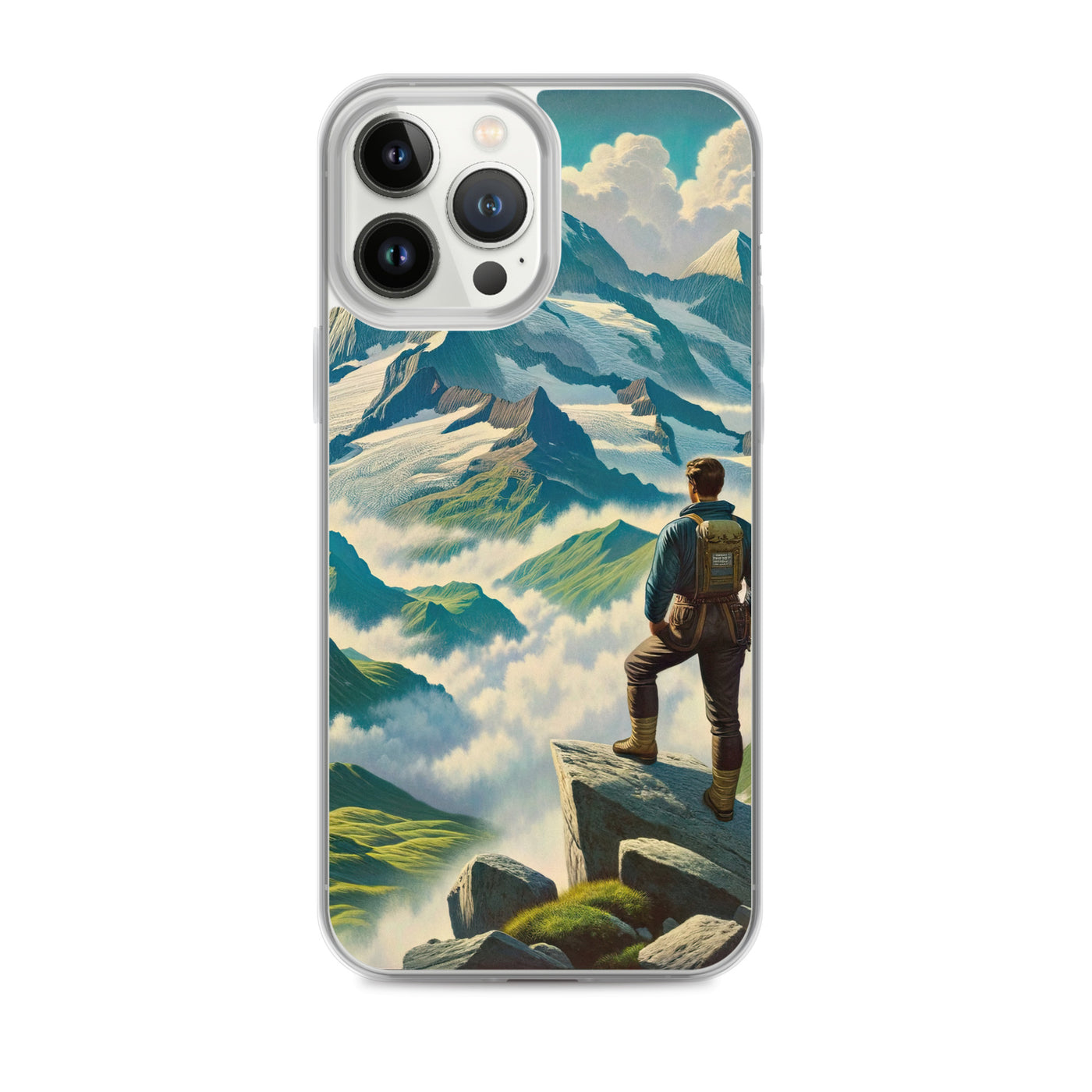 Panoramablick der Alpen mit Wanderer auf einem Hügel und schroffen Gipfeln - iPhone Schutzhülle (durchsichtig) wandern xxx yyy zzz iPhone 13 Pro Max