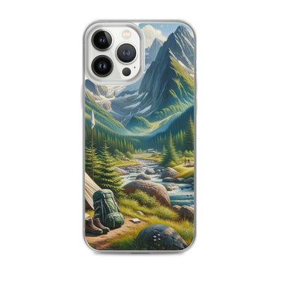 Ölgemälde der Alpensommerlandschaft mit Zelt, Gipfeln, Wäldern und Bächen - iPhone Schutzhülle (durchsichtig) camping xxx yyy zzz iPhone 13 Pro Max