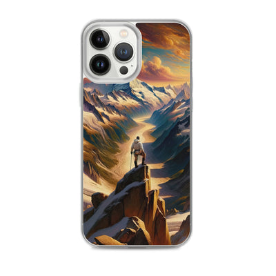 Ölgemälde eines Wanderers auf einem Hügel mit Panoramablick auf schneebedeckte Alpen und goldenen Himmel - iPhone Schutzhülle (durchsichtig) wandern xxx yyy zzz iPhone 13 Pro Max