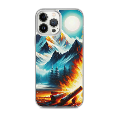 Ölgemälde von Feuer und Eis: Lagerfeuer und Alpen im Kontrast, warme Flammen - iPhone Schutzhülle (durchsichtig) camping xxx yyy zzz iPhone 13 Pro Max