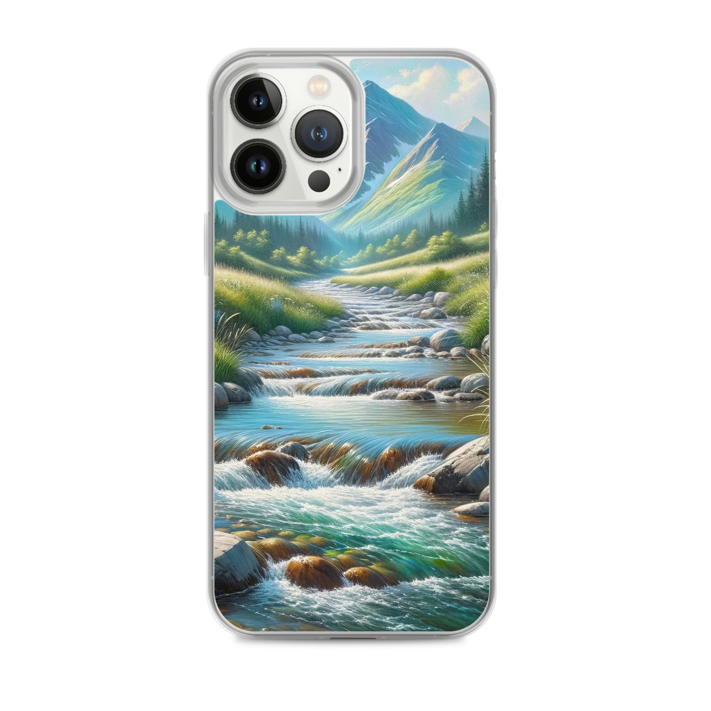 Sanfter Gebirgsbach in Ölgemälde, klares Wasser über glatten Felsen - iPhone Schutzhülle (durchsichtig) berge xxx yyy zzz iPhone 13 Pro Max