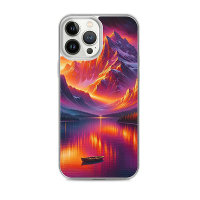 Ölgemälde eines Bootes auf einem Bergsee bei Sonnenuntergang, lebendige Orange-Lila Töne - iPhone Schutzhülle (durchsichtig) berge xxx yyy zzz iPhone 13 Pro Max