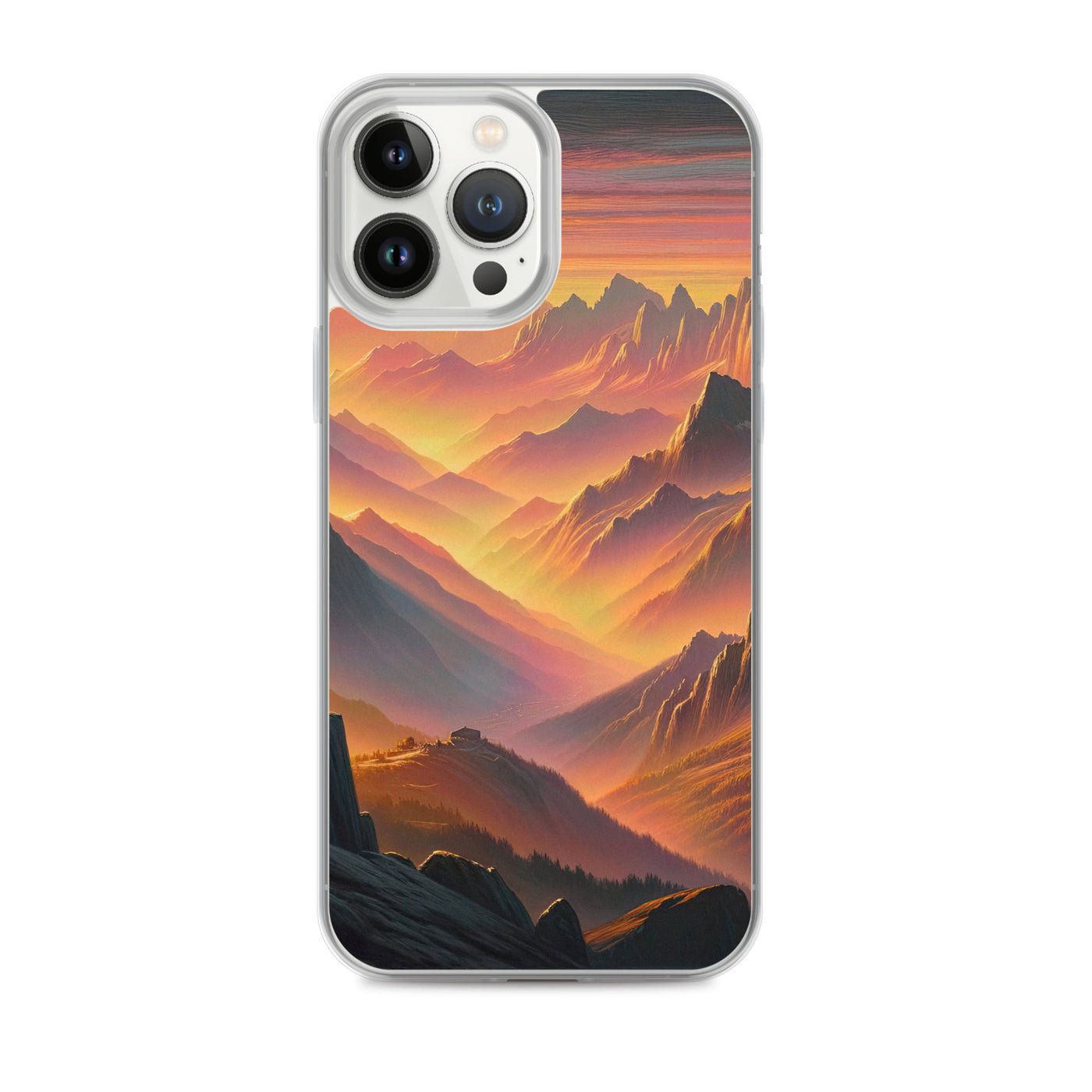 Ölgemälde der Alpen in der goldenen Stunde mit Wanderer, Orange-Rosa Bergpanorama - iPhone Schutzhülle (durchsichtig) wandern xxx yyy zzz iPhone 13 Pro Max