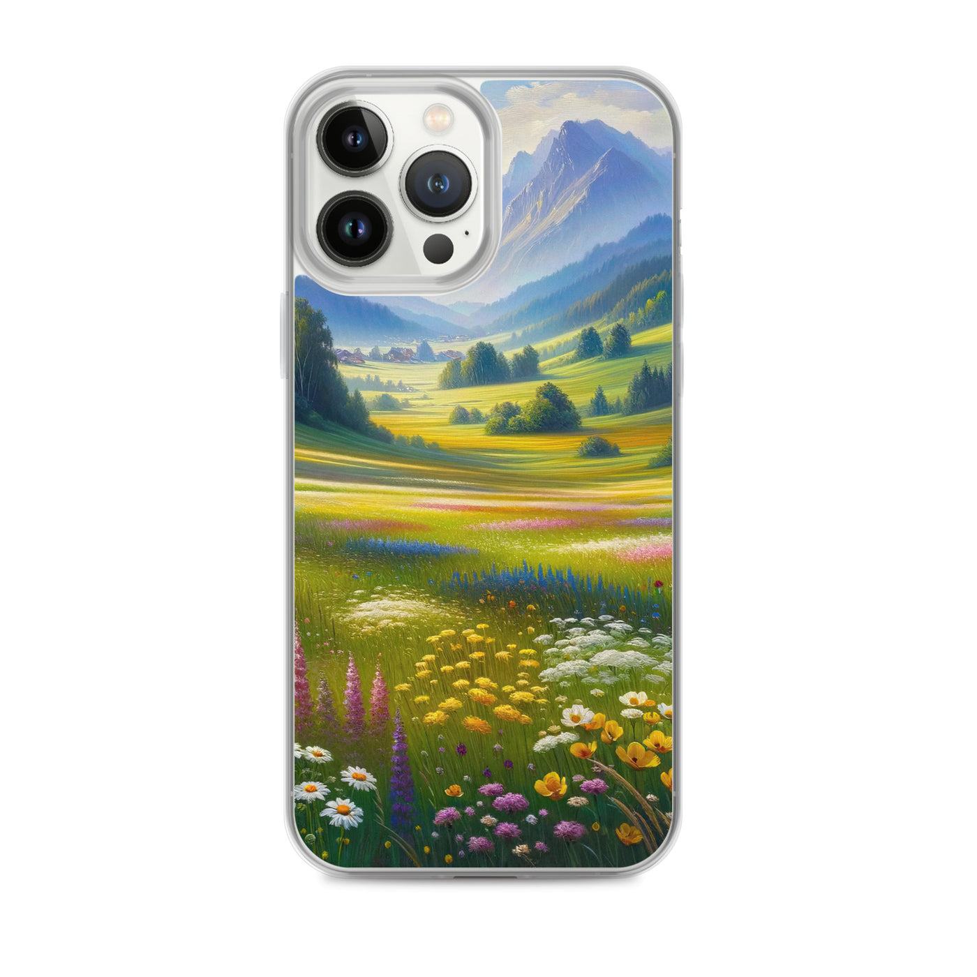 Ölgemälde einer Almwiese, Meer aus Wildblumen in Gelb- und Lilatönen - iPhone Schutzhülle (durchsichtig) berge xxx yyy zzz iPhone 13 Pro Max
