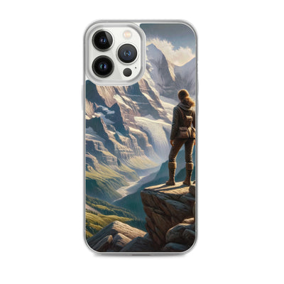 Ölgemälde der Alpengipfel mit Schweizer Abenteurerin auf Felsvorsprung - iPhone Schutzhülle (durchsichtig) wandern xxx yyy zzz iPhone 13 Pro Max