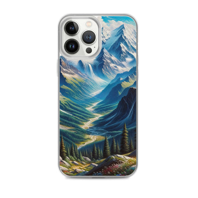 Panorama-Ölgemälde der Alpen mit schneebedeckten Gipfeln und schlängelnden Flusstälern - iPhone Schutzhülle (durchsichtig) berge xxx yyy zzz iPhone 13 Pro Max