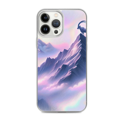 Pastellzeichnung der Alpen im Morgengrauen mit Steinbock in Rosa- und Lavendeltönen - iPhone Schutzhülle (durchsichtig) berge xxx yyy zzz iPhone 13 Pro Max