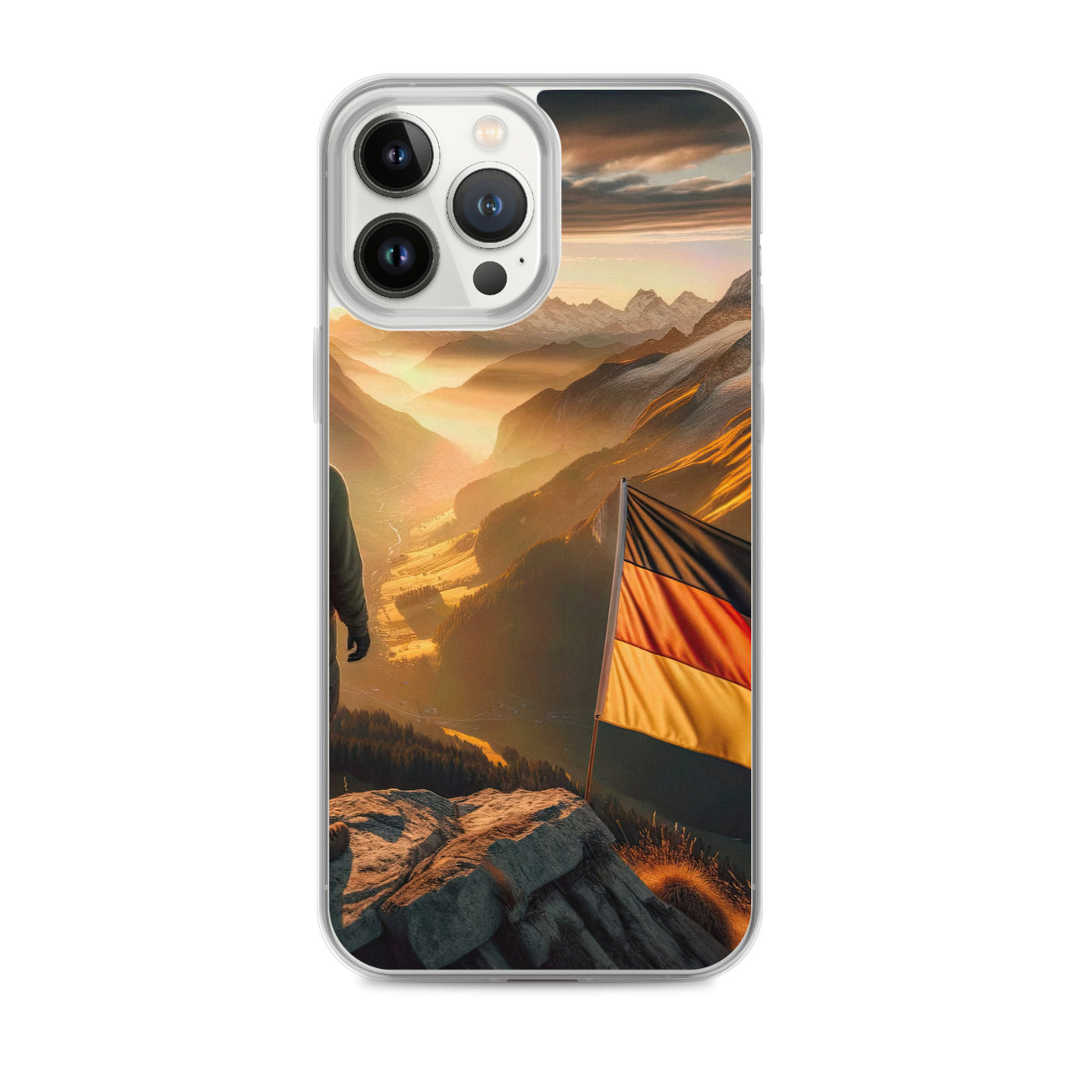 Foto der Alpen bei Sonnenuntergang mit deutscher Flagge und Wanderer, goldenes Licht auf Schneegipfeln - iPhone Schutzhülle (durchsichtig) berge xxx yyy zzz iPhone 13 Pro Max