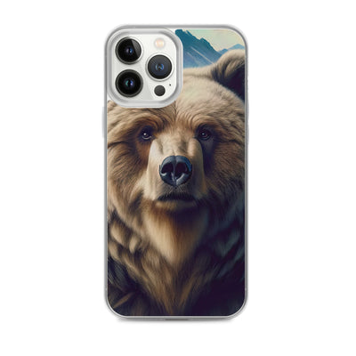 Foto eines Bären vor abstrakt gemalten Alpenbergen, Oberkörper im Fokus - iPhone Schutzhülle (durchsichtig) camping xxx yyy zzz iPhone 13 Pro Max