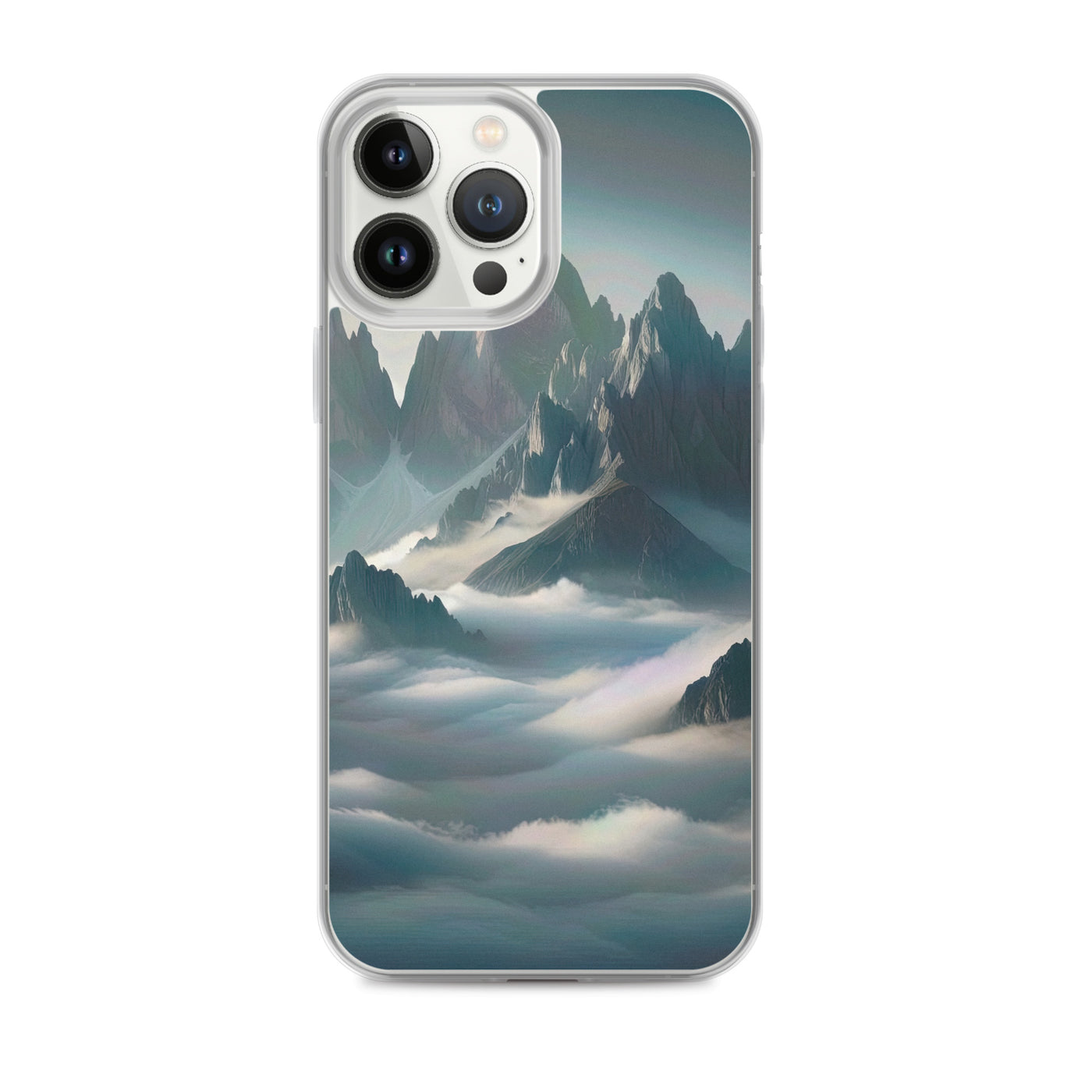 Foto eines nebligen Alpenmorgens, scharfe Gipfel ragen aus dem Nebel - iPhone Schutzhülle (durchsichtig) berge xxx yyy zzz iPhone 13 Pro Max