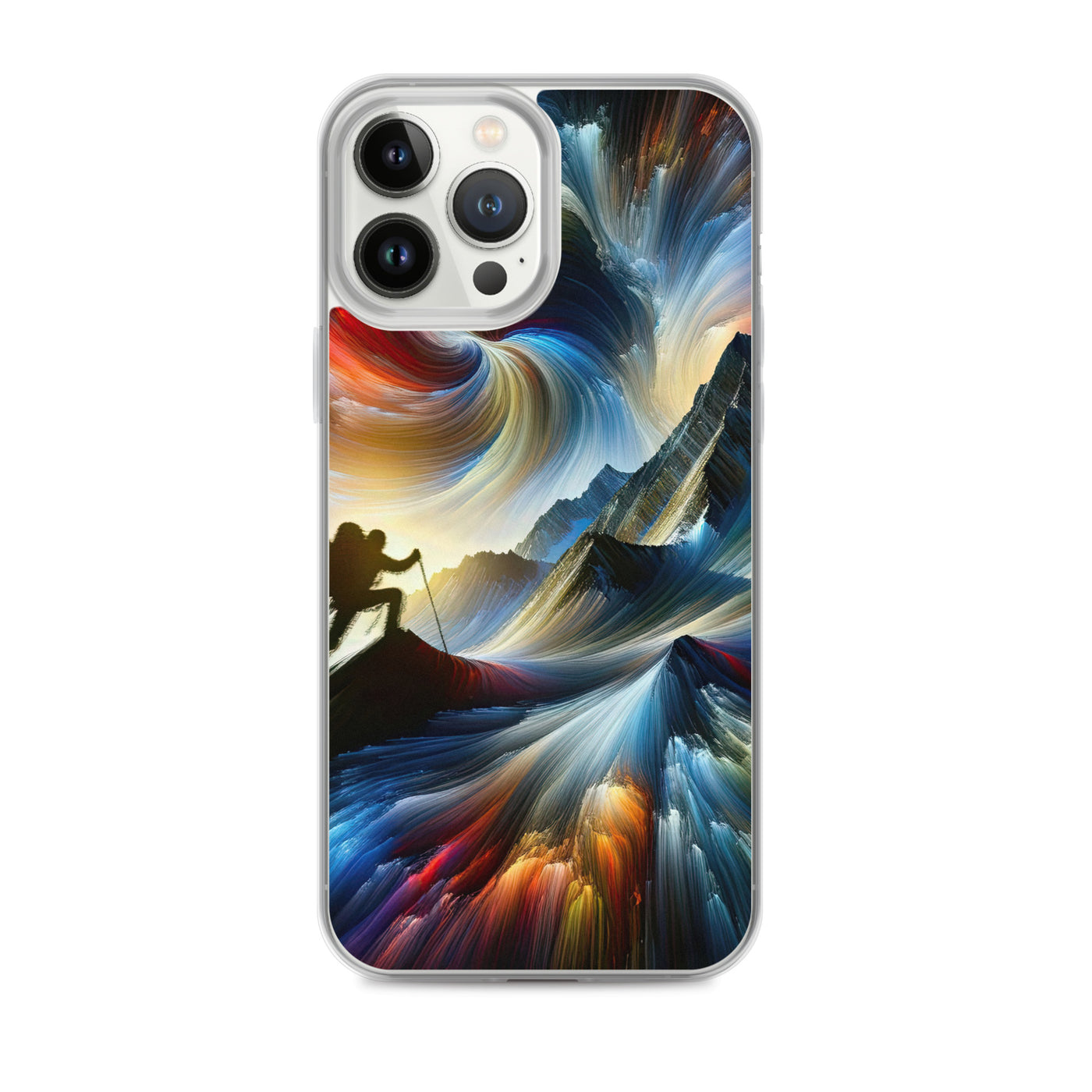 Foto der Alpen in abstrakten Farben mit Bergsteigersilhouette - iPhone Schutzhülle (durchsichtig) wandern xxx yyy zzz iPhone 13 Pro Max