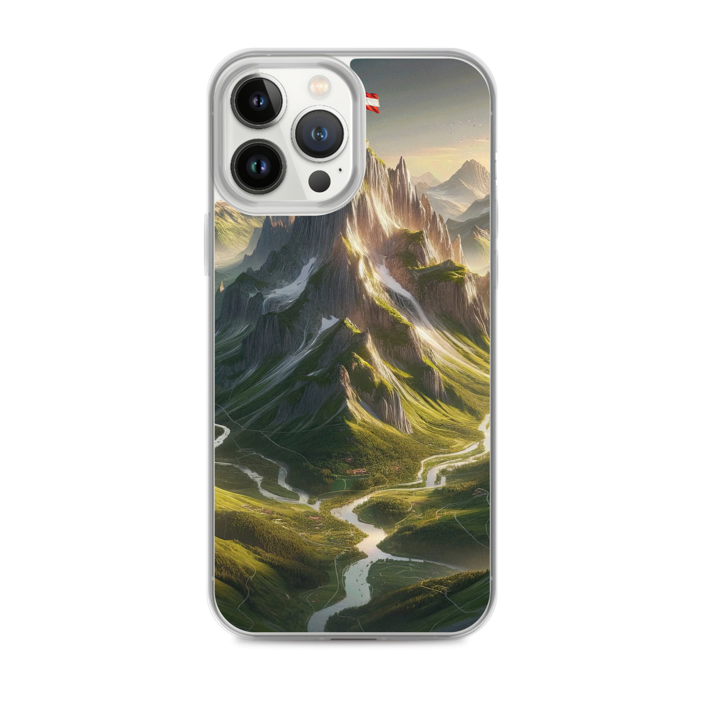 Fotorealistisches Bild der Alpen mit österreichischer Flagge, scharfen Gipfeln und grünen Tälern - iPhone Schutzhülle (durchsichtig) berge xxx yyy zzz iPhone 13 Pro Max