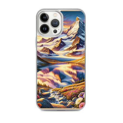 Quadratische Illustration der Alpen mit schneebedeckten Gipfeln und Wildblumen - iPhone Schutzhülle (durchsichtig) berge xxx yyy zzz iPhone 13 Pro Max
