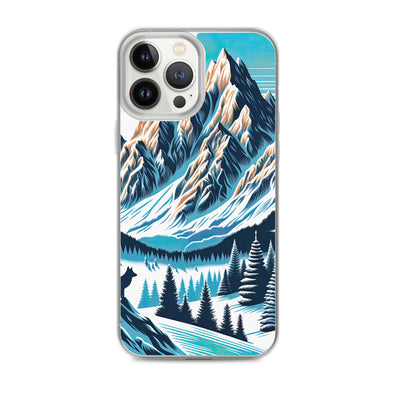 Vektorgrafik eines Wolfes im winterlichen Alpenmorgen, Berge mit Schnee- und Felsmustern - iPhone Schutzhülle (durchsichtig) berge xxx yyy zzz iPhone 13 Pro Max