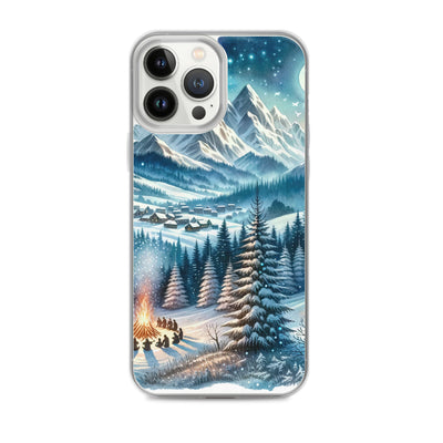Aquarell eines Winterabends in den Alpen mit Lagerfeuer und Wanderern, glitzernder Neuschnee - iPhone Schutzhülle (durchsichtig) camping xxx yyy zzz iPhone 13 Pro Max