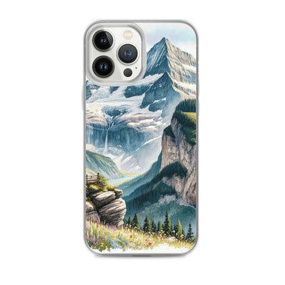 Aquarell-Panoramablick der Alpen mit schneebedeckten Gipfeln, Wasserfällen und Wanderern - iPhone Schutzhülle (durchsichtig) wandern xxx yyy zzz iPhone 13 Pro Max