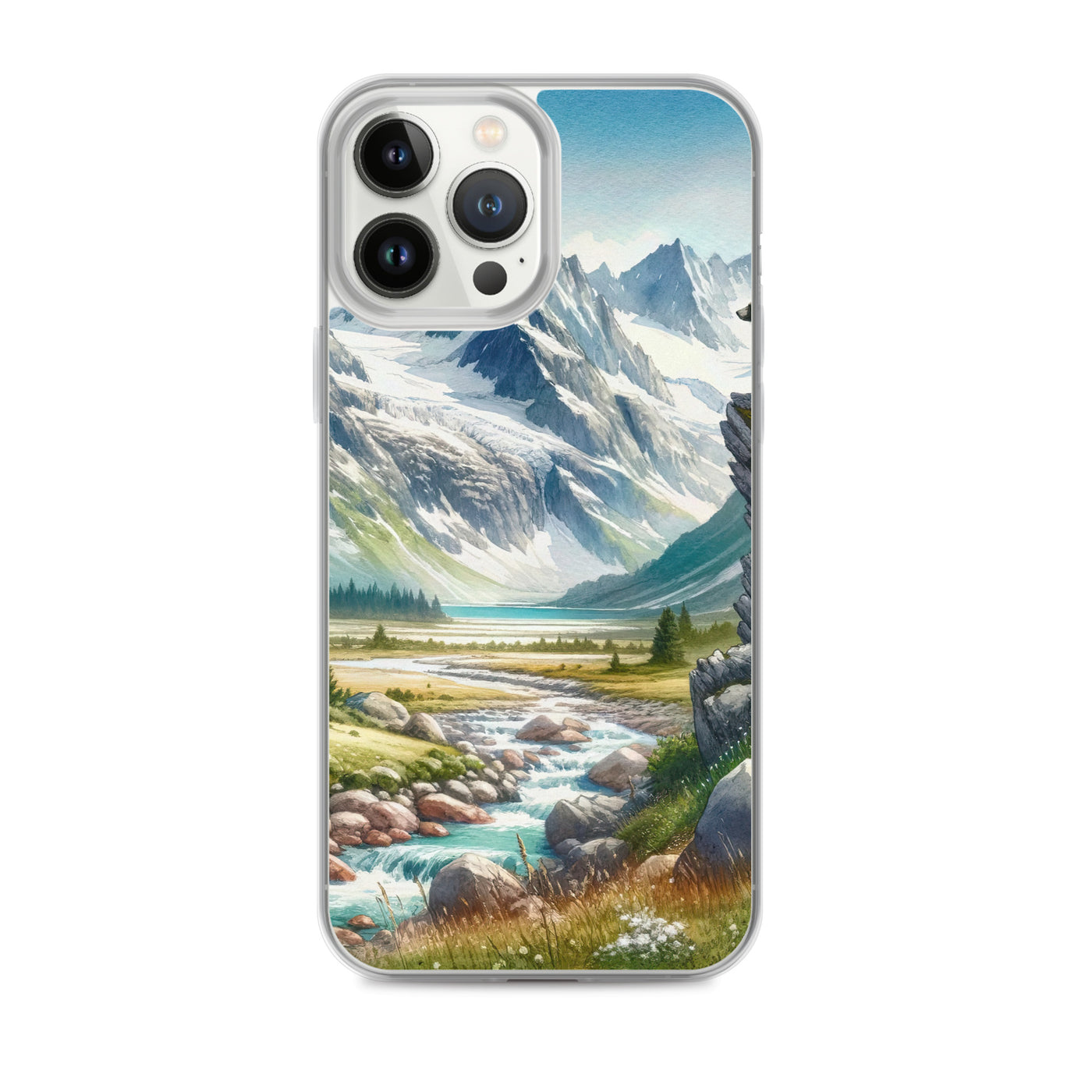 Aquarellmalerei eines Bären und der sommerlichen Alpenschönheit mit schneebedeckten Ketten - iPhone Schutzhülle (durchsichtig) camping xxx yyy zzz iPhone 13 Pro Max