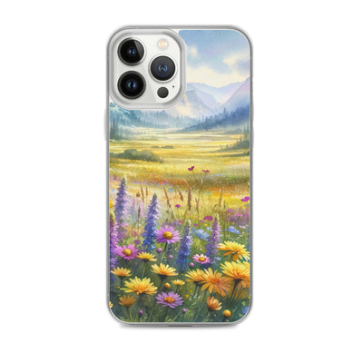 Aquarell einer Almwiese in Ruhe, Wildblumenteppich in Gelb, Lila, Rosa - iPhone Schutzhülle (durchsichtig) berge xxx yyy zzz iPhone 13 Pro Max