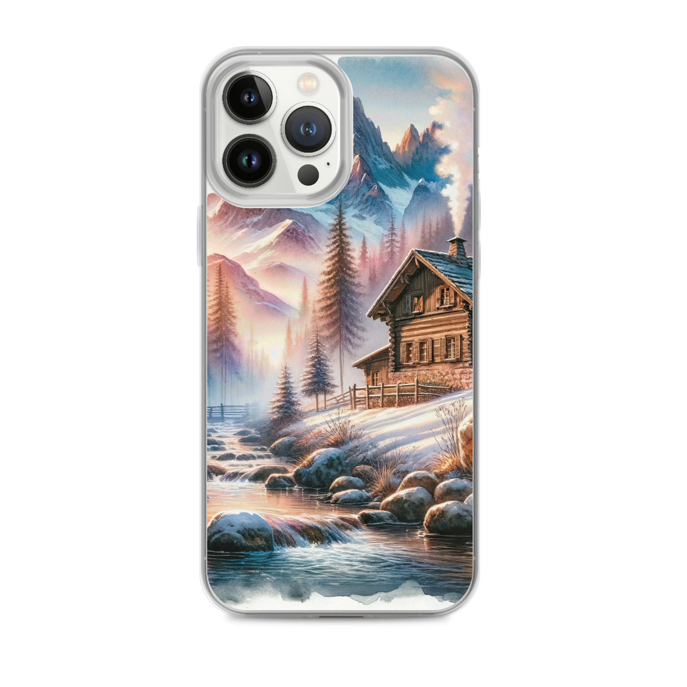 Aquarell einer Alpenszene im Morgengrauen, Haus in den Bergen - iPhone Schutzhülle (durchsichtig) berge xxx yyy zzz iPhone 13 Pro Max