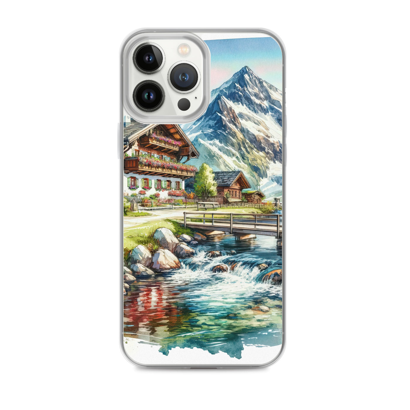 Aquarell der frühlingshaften Alpenkette mit österreichischer Flagge und schmelzendem Schnee - iPhone Schutzhülle (durchsichtig) berge xxx yyy zzz iPhone 13 Pro Max