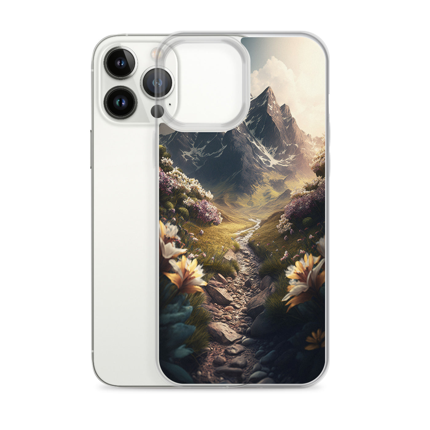 Epischer Berg, steiniger Weg und Blumen - Realistische Malerei - iPhone Schutzhülle (durchsichtig) berge xxx