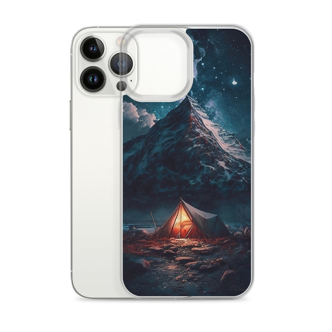 Zelt und Berg in der Nacht - Sterne am Himmel - Landschaftsmalerei - iPhone Schutzhülle (durchsichtig) camping xxx