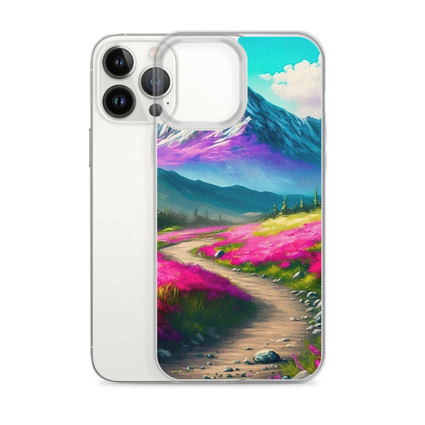 Berg, pinke Blumen und Wanderweg - Landschaftsmalerei - iPhone Schutzhülle (durchsichtig) berge xxx