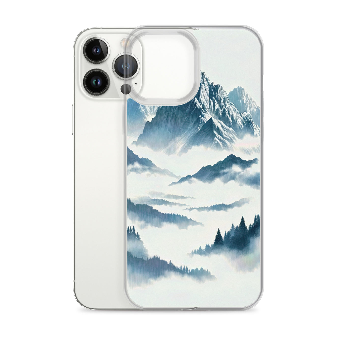 Nebeliger Alpenmorgen-Essenz, verdeckte Täler und Wälder - iPhone Schutzhülle (durchsichtig) berge xxx yyy zzz