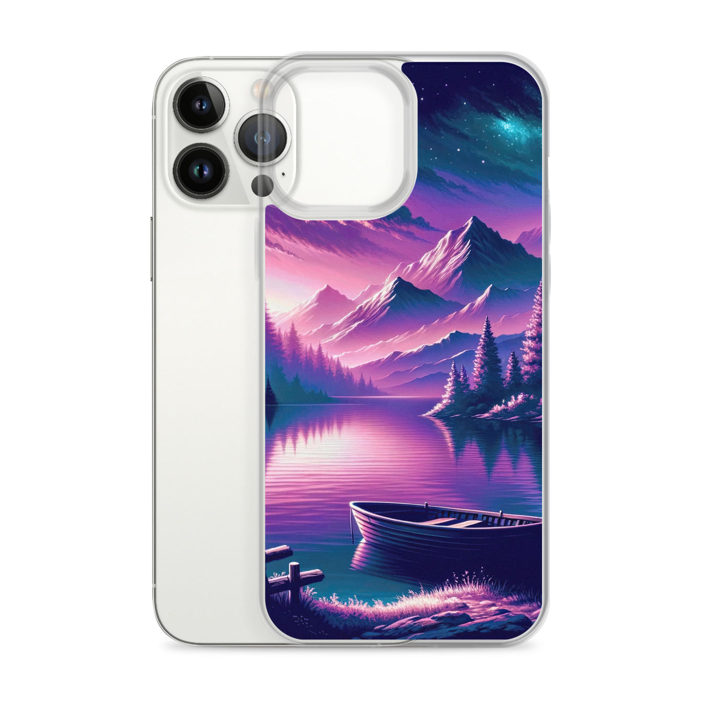 Magische Alpen-Dämmerung, rosa-lila Himmel und Bergsee mit Boot - iPhone Schutzhülle (durchsichtig) berge xxx yyy zzz