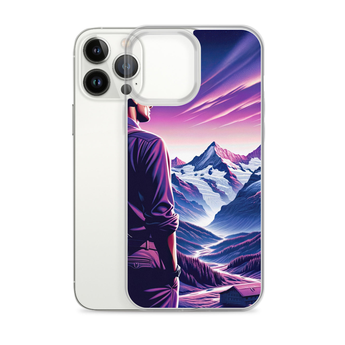 Wanderer in alpiner Dämmerung, schneebedeckte Gipfel ins Unendliche - iPhone Schutzhülle (durchsichtig) wandern xxx yyy zzz