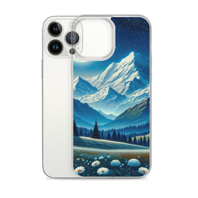 Klare frühlingshafte Alpennacht mit Blumen und Vollmond über Schneegipfeln - iPhone Schutzhülle (durchsichtig) berge xxx yyy zzz