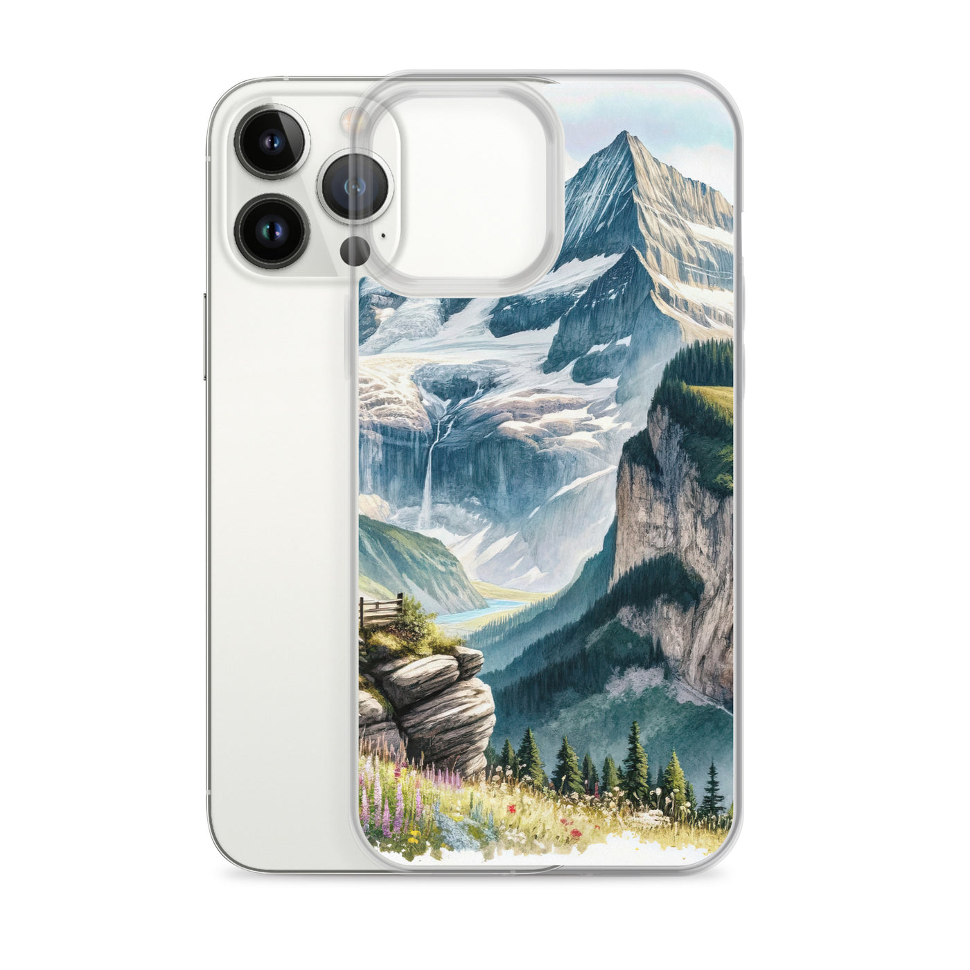 Aquarell-Panoramablick der Alpen mit schneebedeckten Gipfeln, Wasserfällen und Wanderern - iPhone Schutzhülle (durchsichtig) wandern xxx yyy zzz