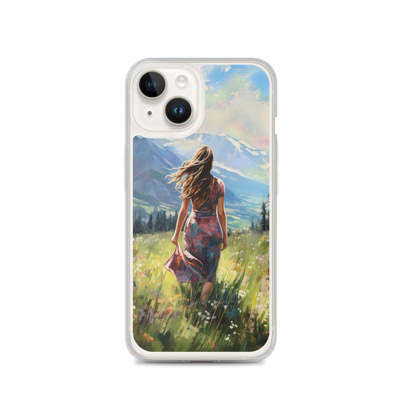 Frau mit langen Kleid im Feld mit Blumen - Berge im Hintergrund - Malerei - iPhone Schutzhülle (durchsichtig) berge xxx iPhone 14