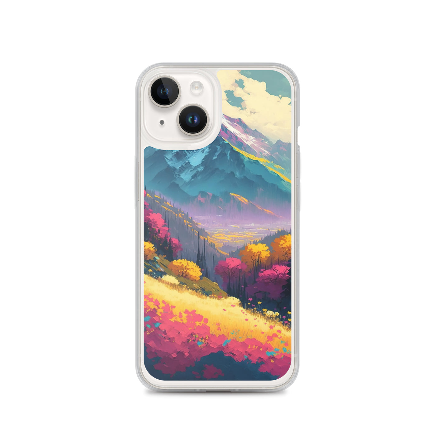 Berge, pinke und gelbe Bäume, sowie Blumen - Farbige Malerei - iPhone Schutzhülle (durchsichtig) berge xxx iPhone 14