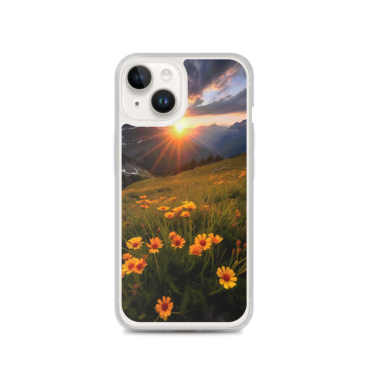 Gebirge, Sonnenblumen und Sonnenaufgang - iPhone Schutzhülle (durchsichtig) berge xxx iPhone 14