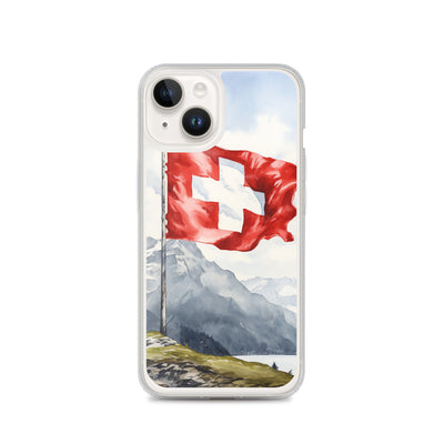 Schweizer Flagge und Berge im Hintergrund - Epische Stimmung - Malerei - iPhone Schutzhülle (durchsichtig) berge xxx iPhone 14