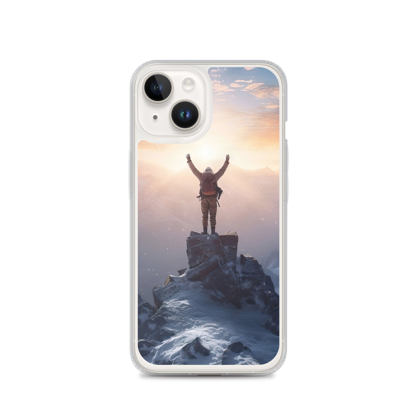 Mann auf der Spitze eines Berges - Landschaftsmalerei - iPhone Schutzhülle (durchsichtig) berge xxx iPhone 14