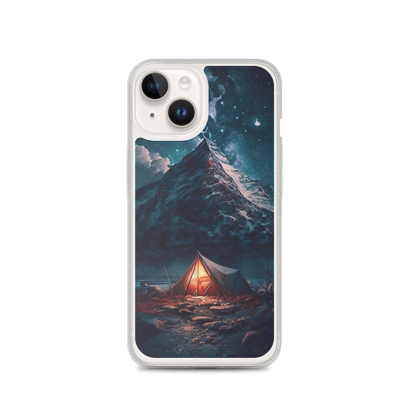Zelt und Berg in der Nacht - Sterne am Himmel - Landschaftsmalerei - iPhone Schutzhülle (durchsichtig) camping xxx iPhone 14