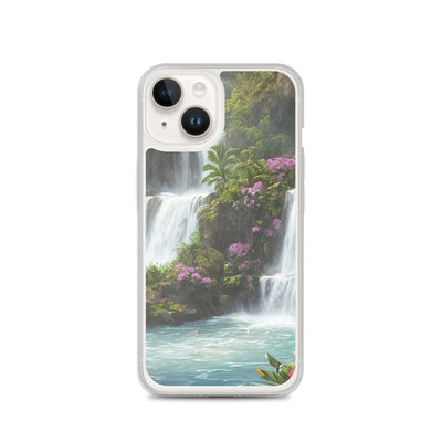 Wasserfall im Wald und Blumen - Schöne Malerei - iPhone Schutzhülle (durchsichtig) camping xxx iPhone 14