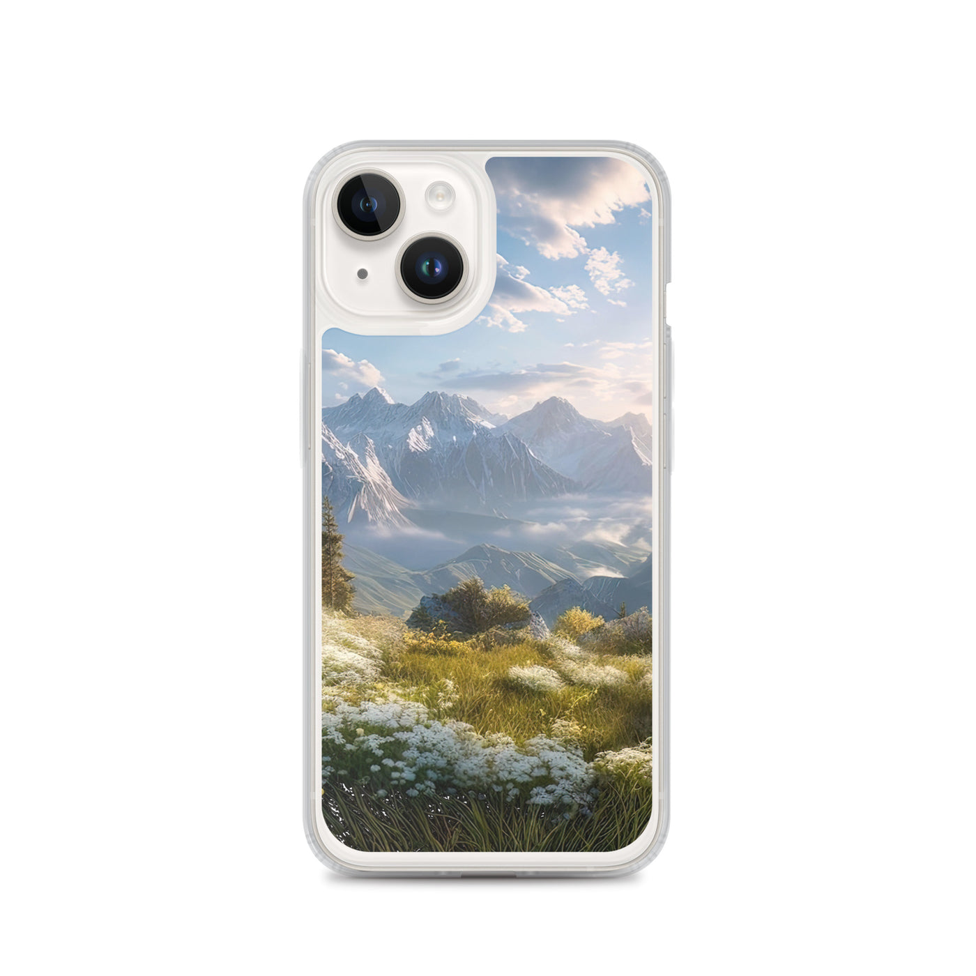 Berglandschaft mit Sonnenschein, Blumen und Bäumen - Malerei - iPhone Schutzhülle (durchsichtig) berge xxx iPhone 14