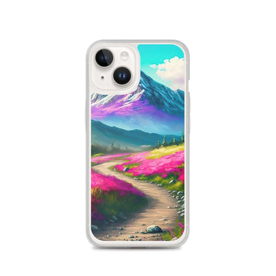 Berg, pinke Blumen und Wanderweg - Landschaftsmalerei - iPhone Schutzhülle (durchsichtig) berge xxx iPhone 14