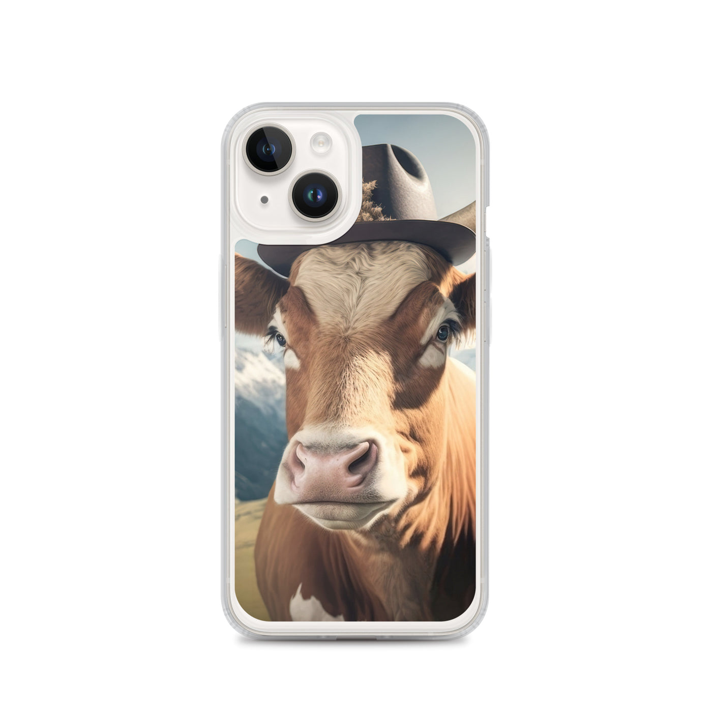 Kuh mit Hut in den Alpen - Berge im Hintergrund - Landschaftsmalerei - iPhone Schutzhülle (durchsichtig) berge xxx iPhone 14