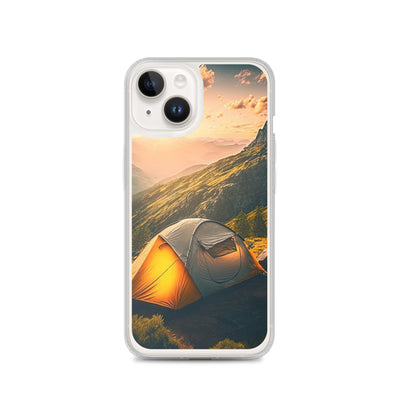Zelt auf Berg im Sonnenaufgang - Landschafts - iPhone Schutzhülle (durchsichtig) camping xxx iPhone 14