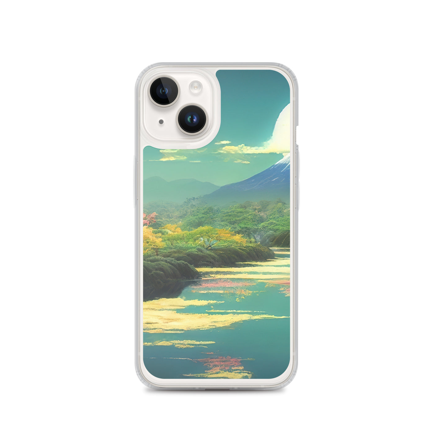 Berg, See und Wald mit pinken Bäumen - Landschaftsmalerei - iPhone Schutzhülle (durchsichtig) berge xxx iPhone 14