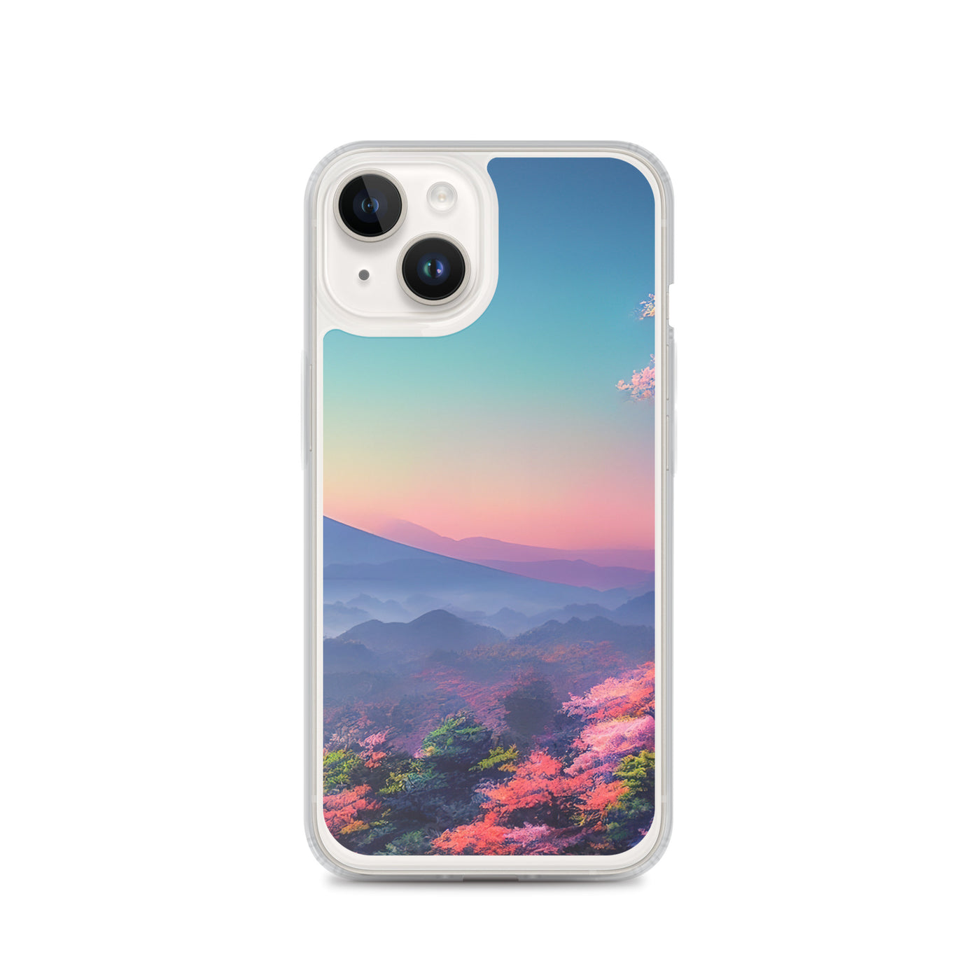 Berg und Wald mit pinken Bäumen - Landschaftsmalerei - iPhone Schutzhülle (durchsichtig) berge xxx iPhone 14