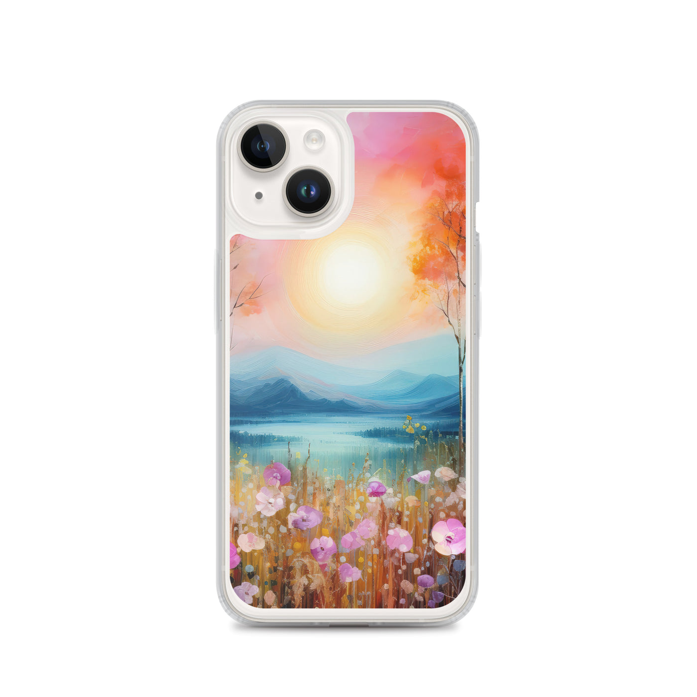 Berge, See, pinke Bäume und Blumen - Malerei - iPhone Schutzhülle (durchsichtig) berge xxx iPhone 14